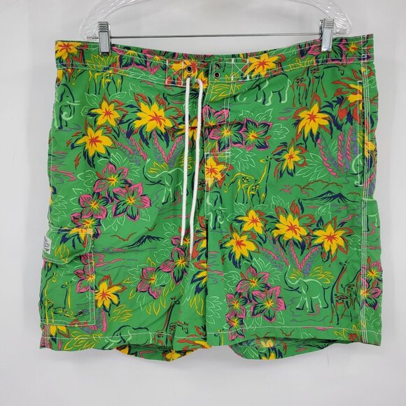Polo by Ralph Lauren Green Aloha Safari Print Swim Trunk Board Shorts Size XL - Picture 1 of 9